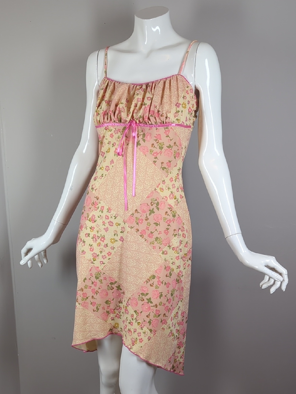 Vintage 90s Floral Pink Patchwork Slip Dress S/Xs